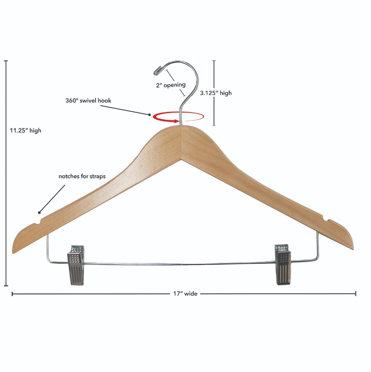 Wooden hanger with measurements on a white background