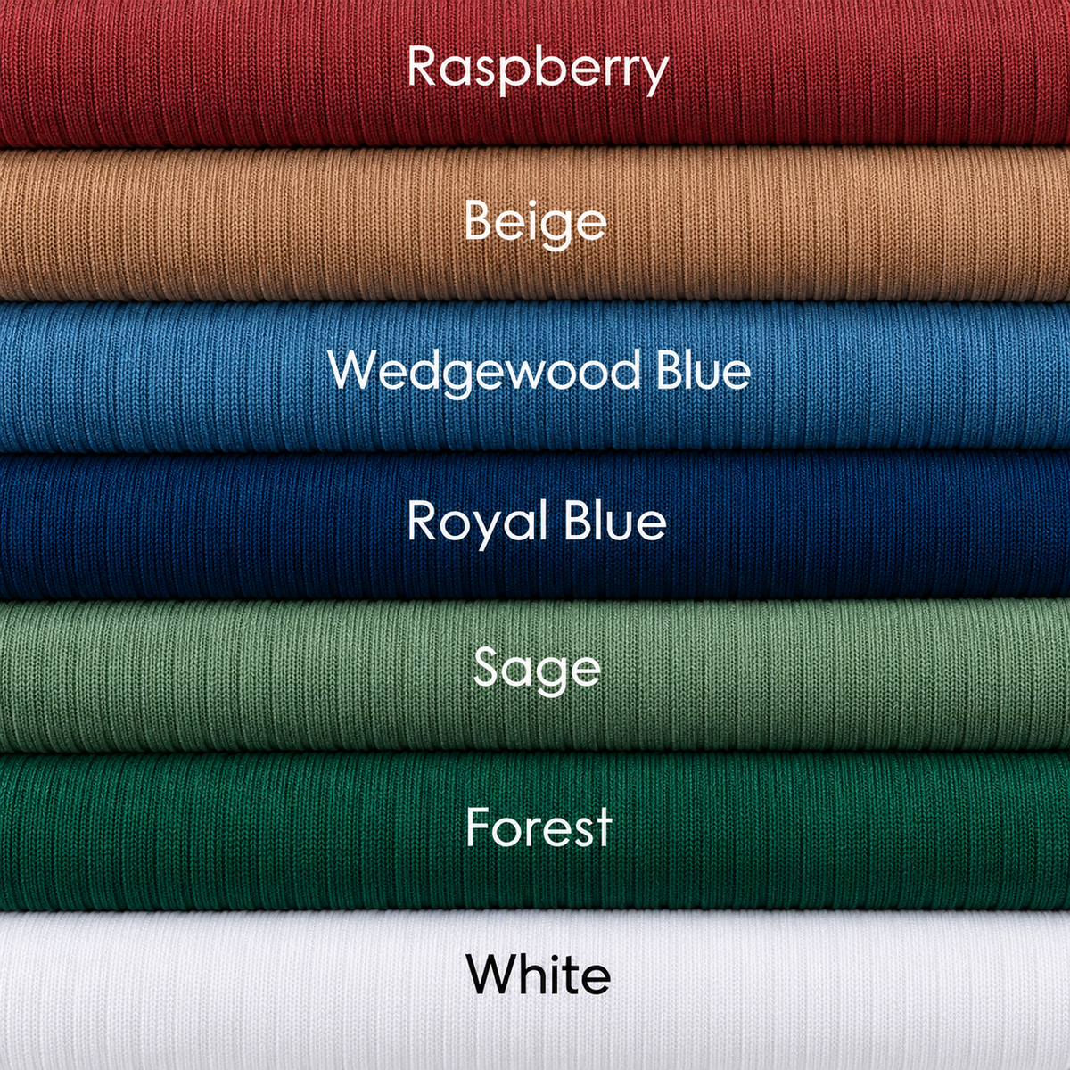 Pictured: Product shot of stacked bed spreads on top of each other in a variety of colors. From top to bottom names are; Raspberry, a reddish brown, Beige, Wedgewood Blue, Royal Blue, Sage Green, Forest Green, White. Wholesale supplier of bed linens for hotels, healthcare and hospitality.