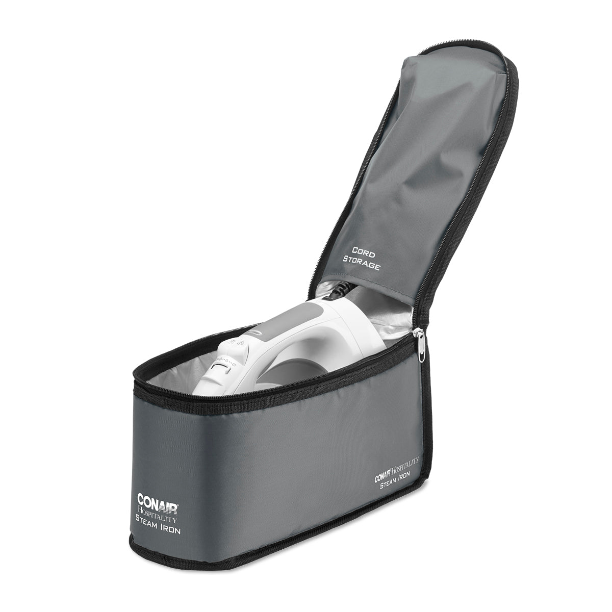 Gray carrying case with a white hair dryer inside on a white background