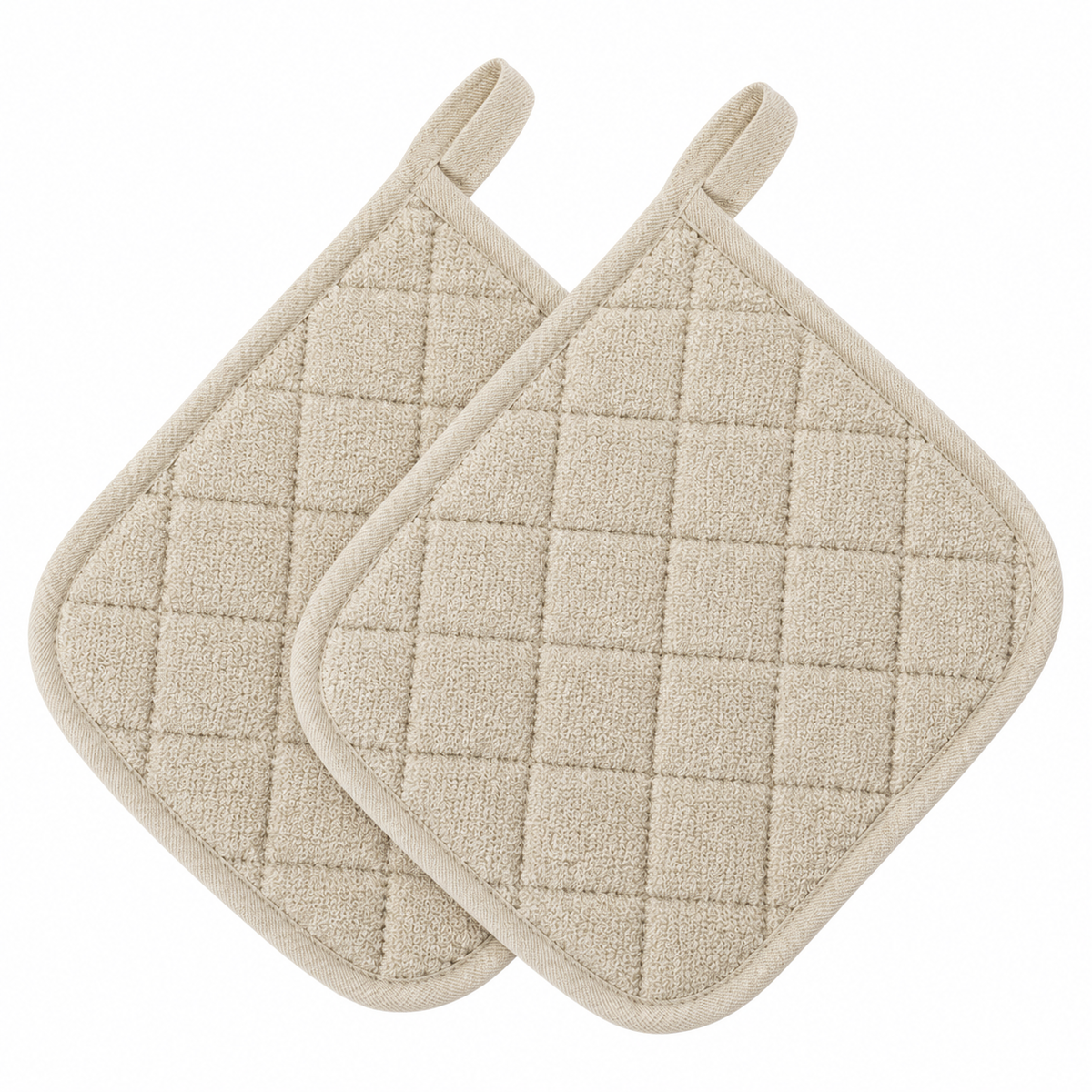 Pictured: Two beige potholders laid out one on top of the other. The center has a diamond pattern with solid outlining. This product is listed in the shade "Natural".