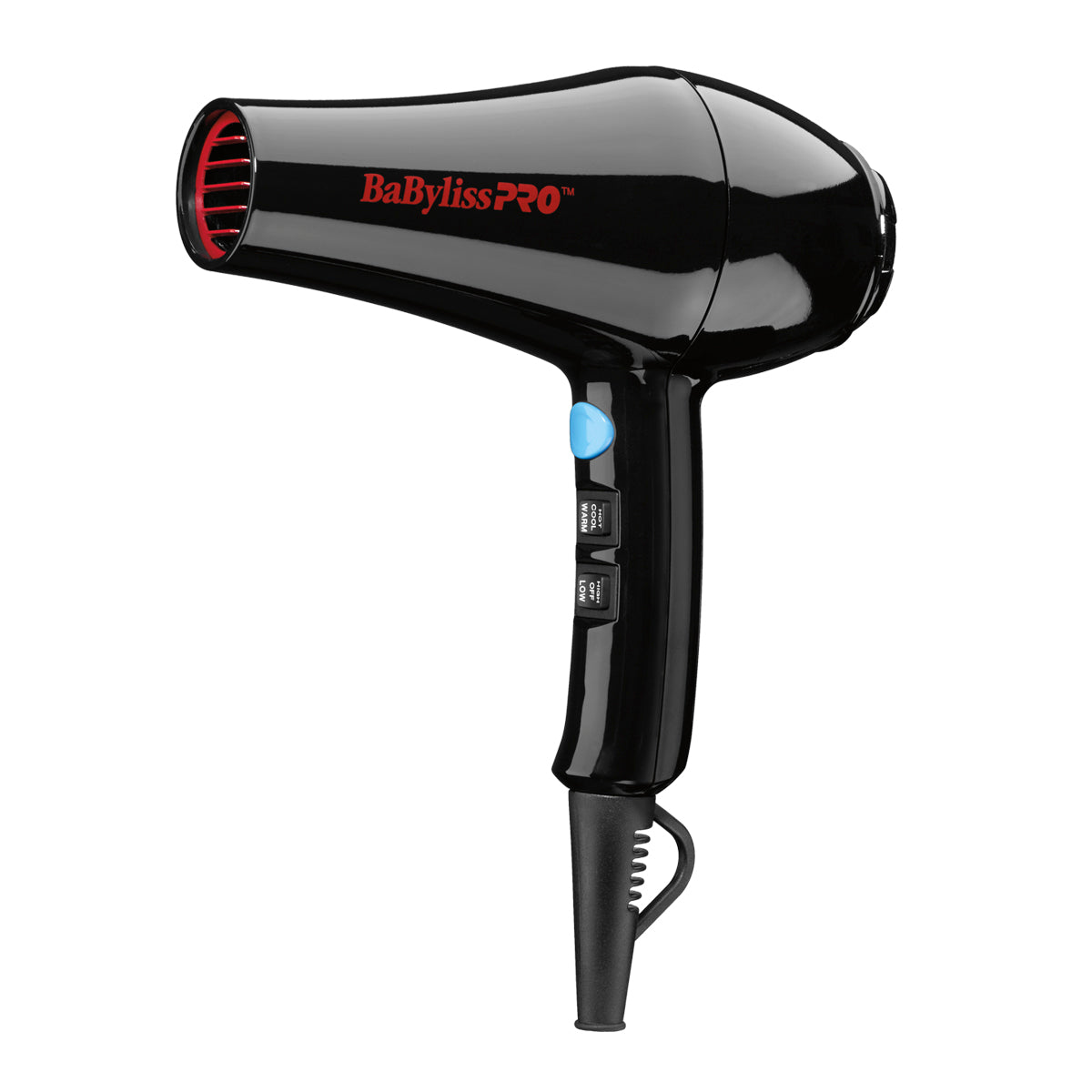 Black hair dryer with red accents on a white background