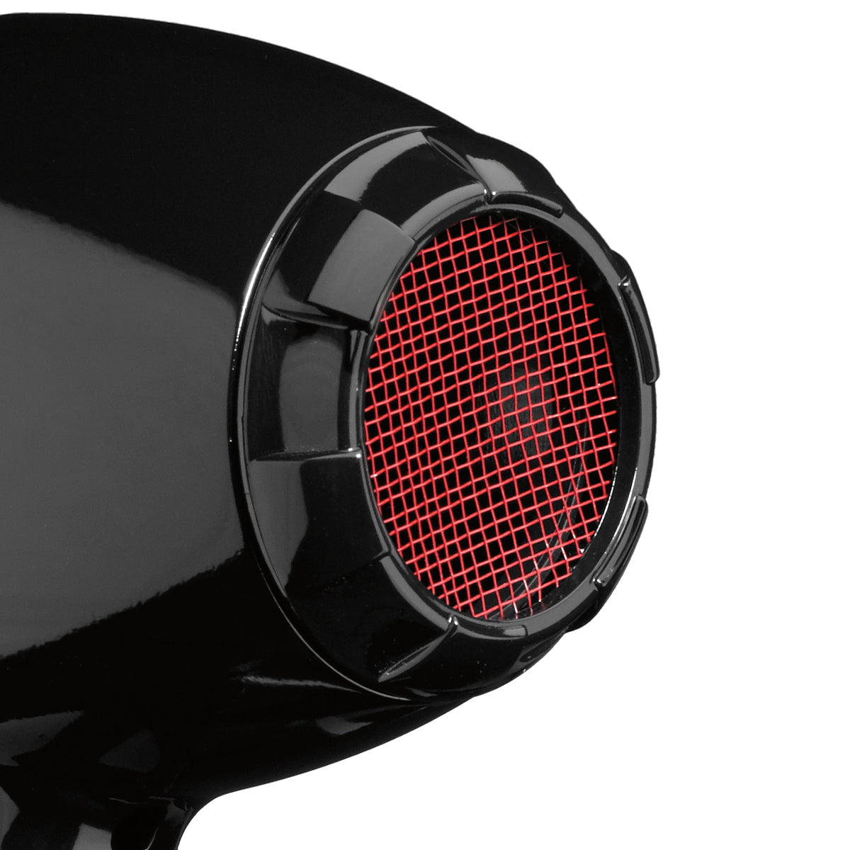Black hair dryer with red mesh on a white background