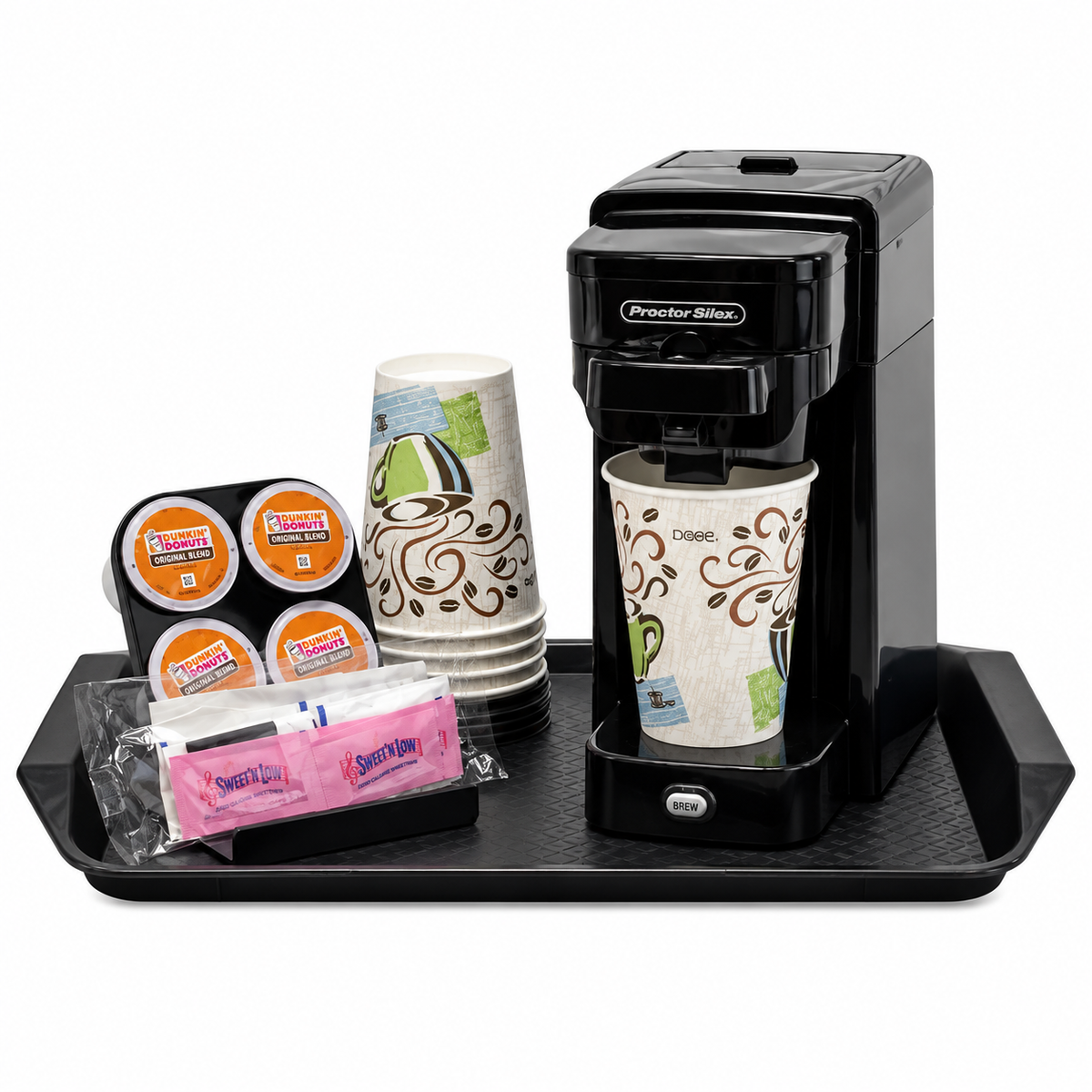 Pictured: Black Essential Rectangular Tray with Block pattern against a white background. On the tray is a coffee maker, some paper cups, and items to make coffee.