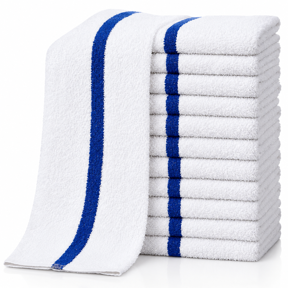 Pictured: Eleven White bar mops with a blue stripe in the middle neatly folded and stacked against a white background. Another blue striped bar mop is draped over the stack.