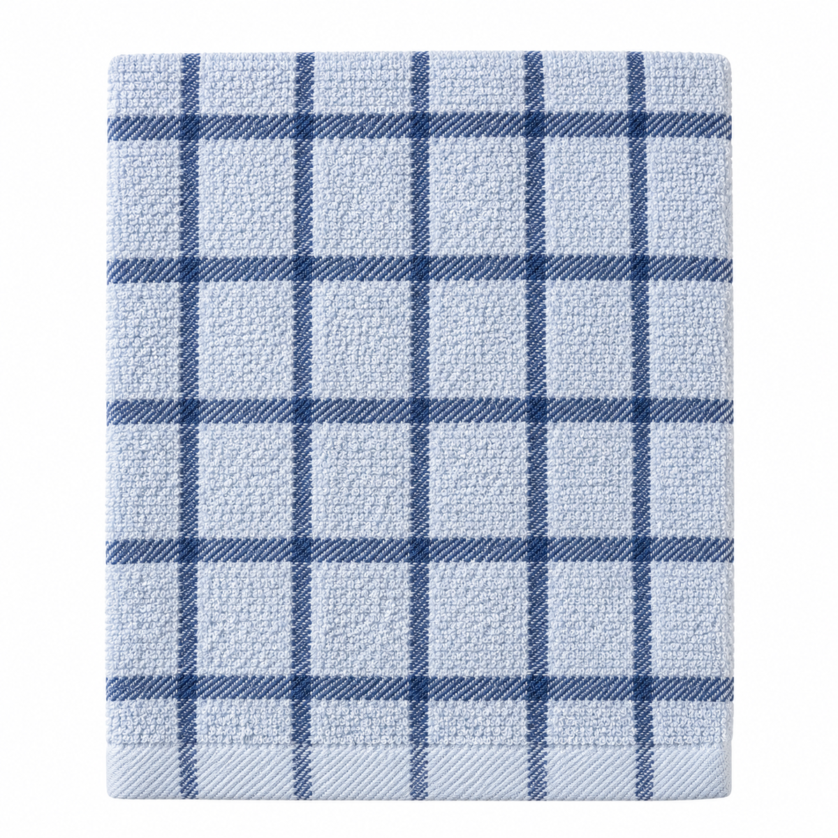 Pictured: Folded white towel with muted blue accents in a windowpane design against a white background. This product is listed as "Blue/Chambray".