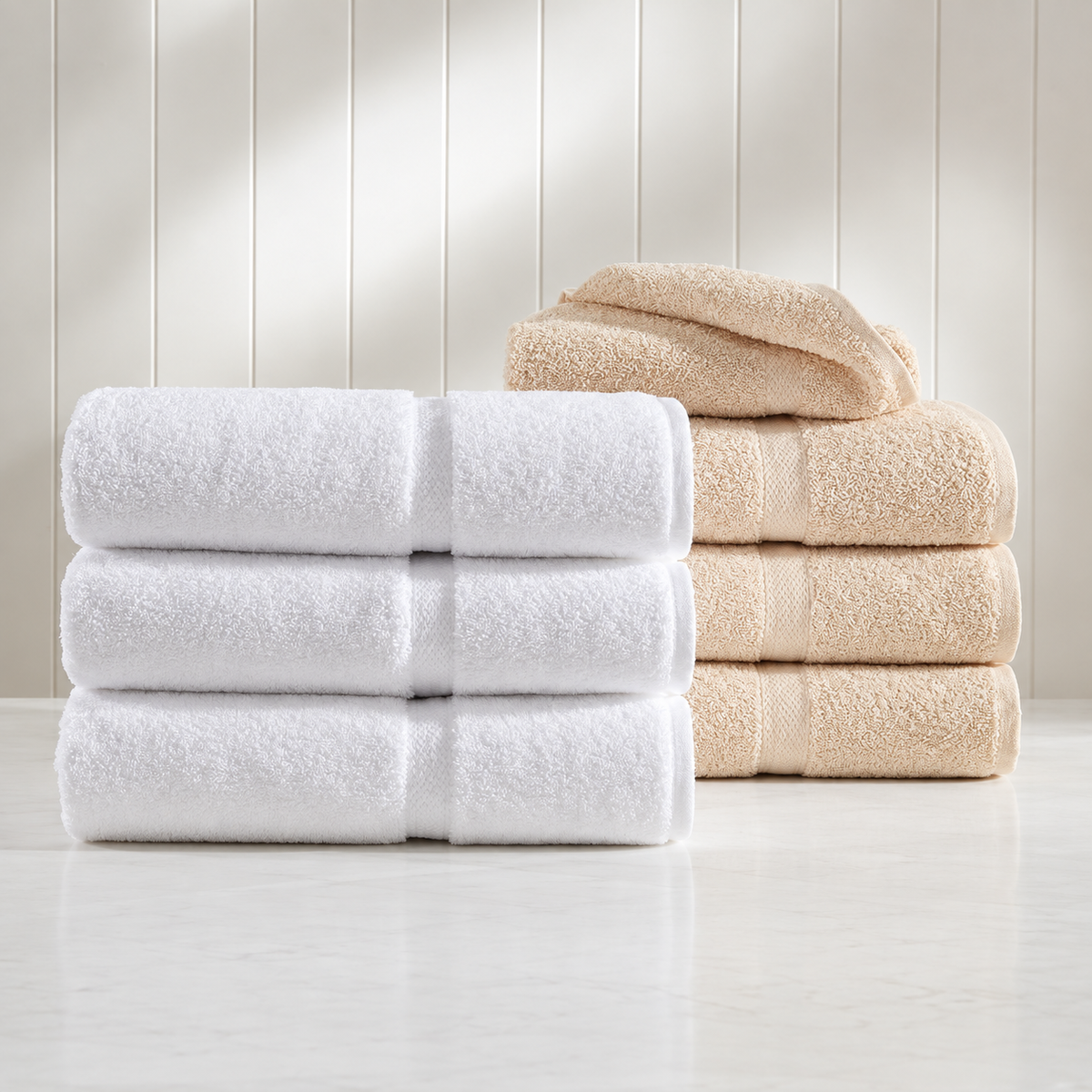 Pictured: Two Crown Touch Towel sets neatly folded and stacked on a white surface against cream shiplap. In the foreground is the white towel set and in the background is the beige towel set.