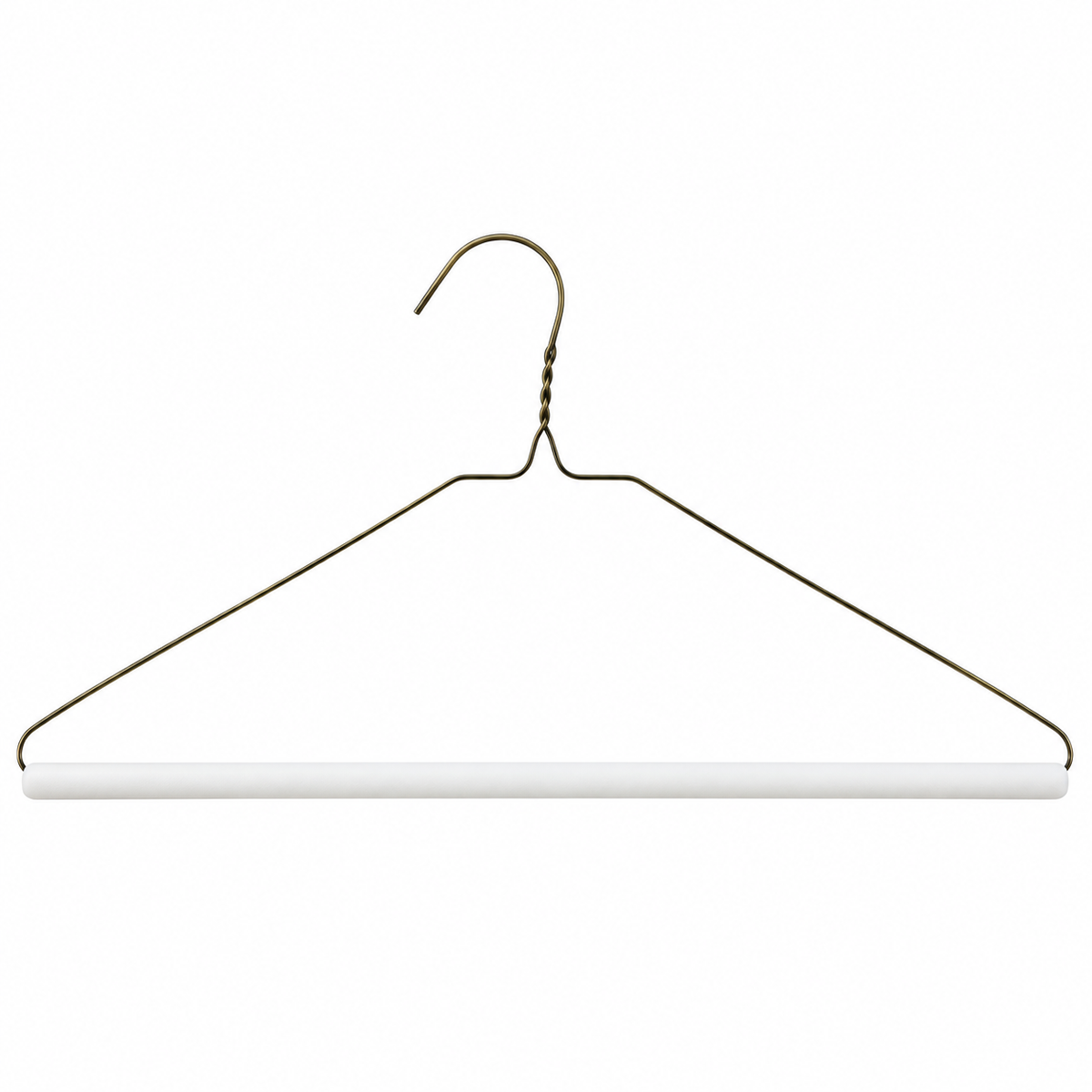 Pictured: Golden hanger with rounded hook and white cardboard tube against a white background.