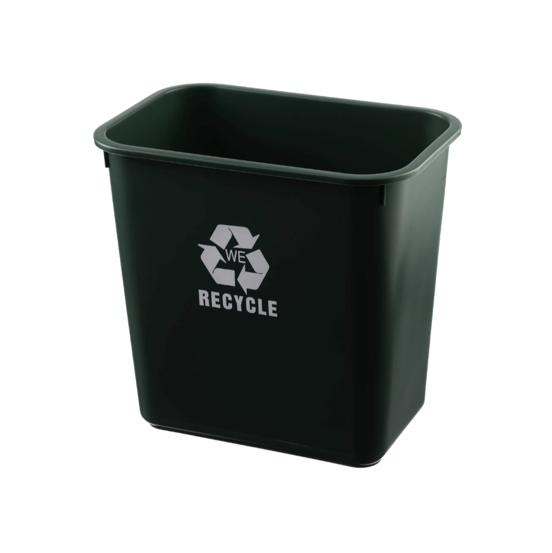 Pictured: Green rectangular recycling wastebasket against a white background. The white text on the basket says WE RECYCLE with the recycle symbol.