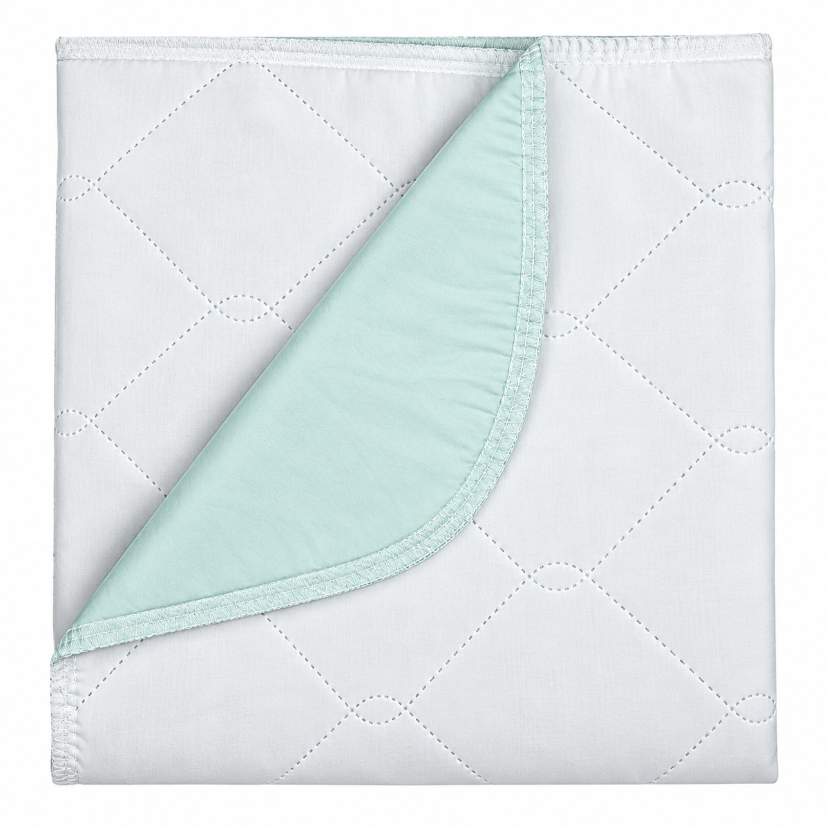 Pictured: Green underpad for incontinence against a white background. The pad is neatly folded and has a corner folded over to show what the bottom of the pad looks like.