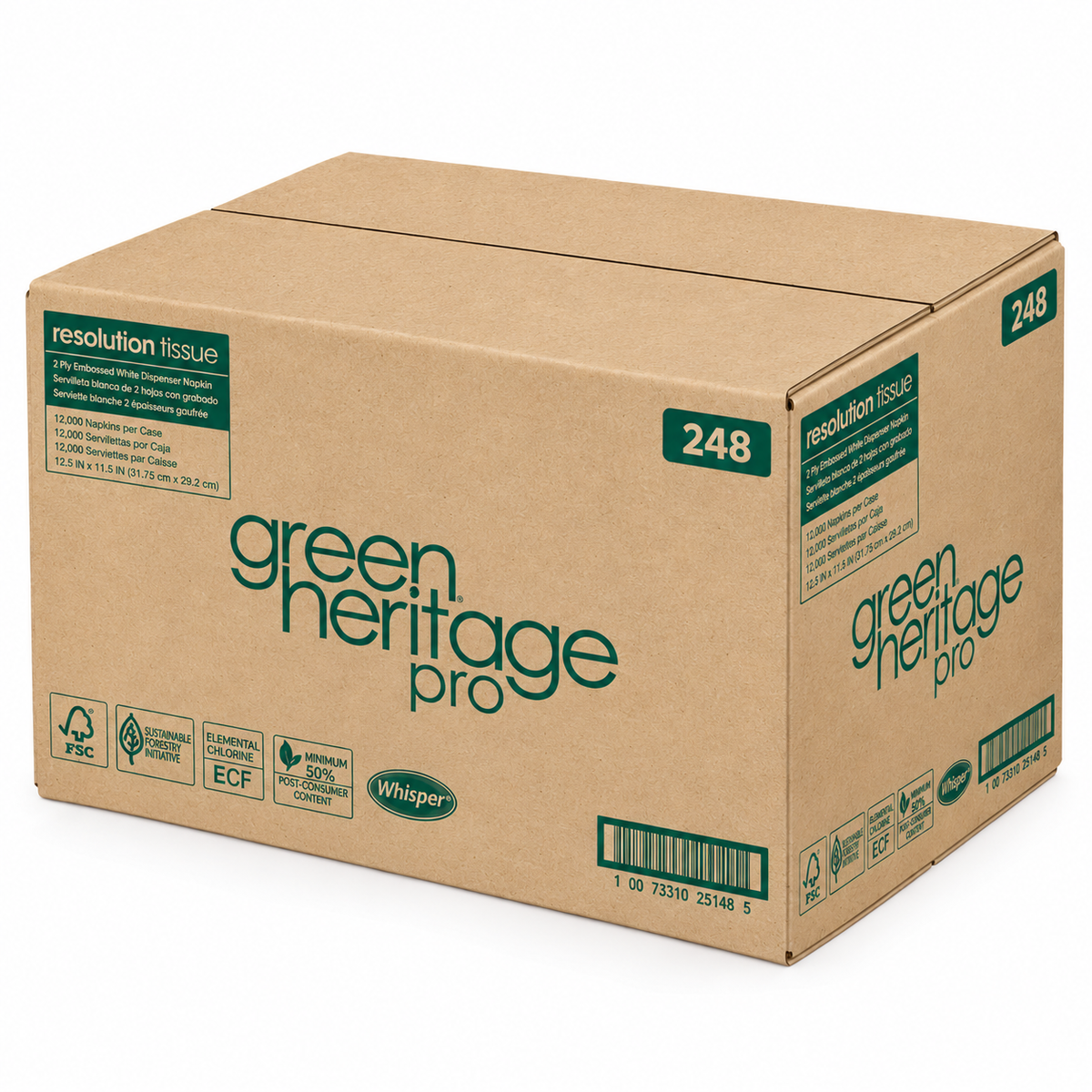 Pictured: Green Heritage Pro branded cardboard box holding the featured rolls of bath tissue against a white background.