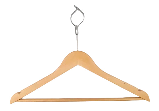 Pictured: Wooden hanger with silver anti-theft hook against a white background.