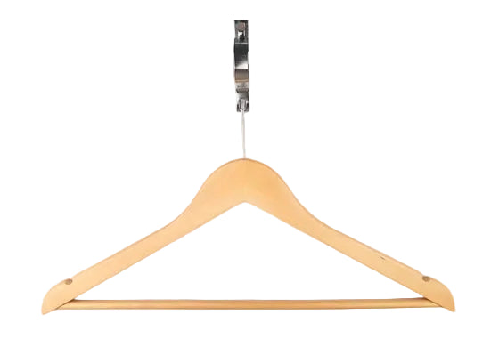 Pictured: Wooden hanger with silver anti-theft hook against a white background.