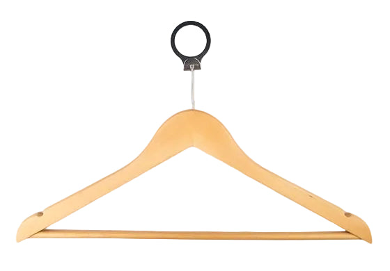 Pictured: Wooden hanger with silver anti-theft hook against a white background.