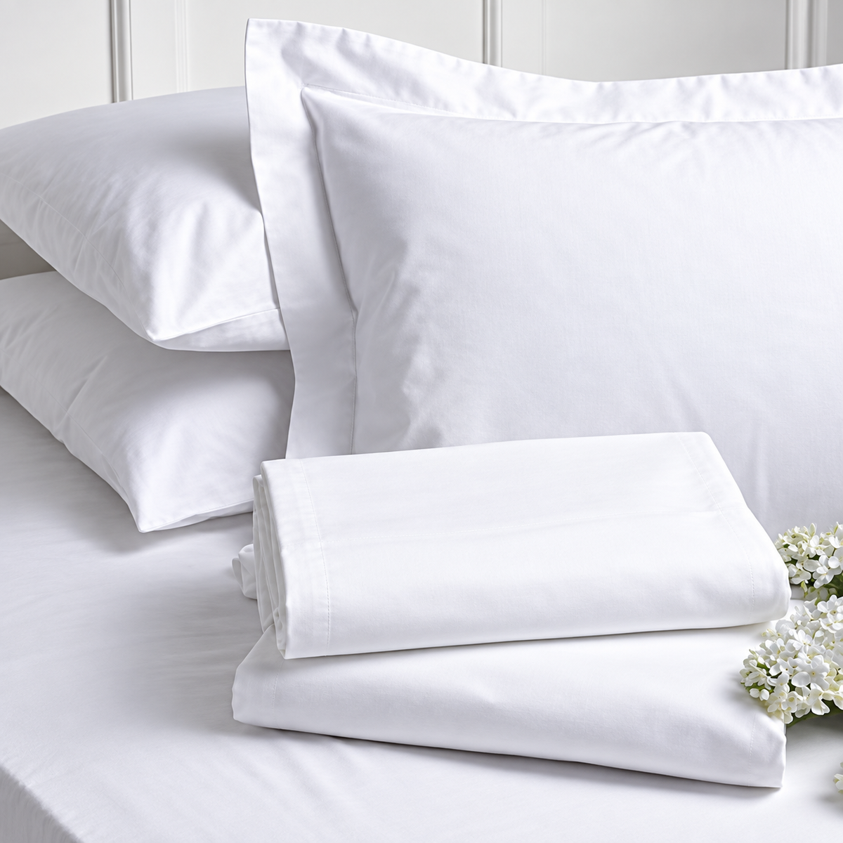 Pictured: White sheets neatly folded in front of a white pillow in a decorative pillow sham, and two white pillows sitting in the back. There are also white flowers pictured in the bottom right corner.