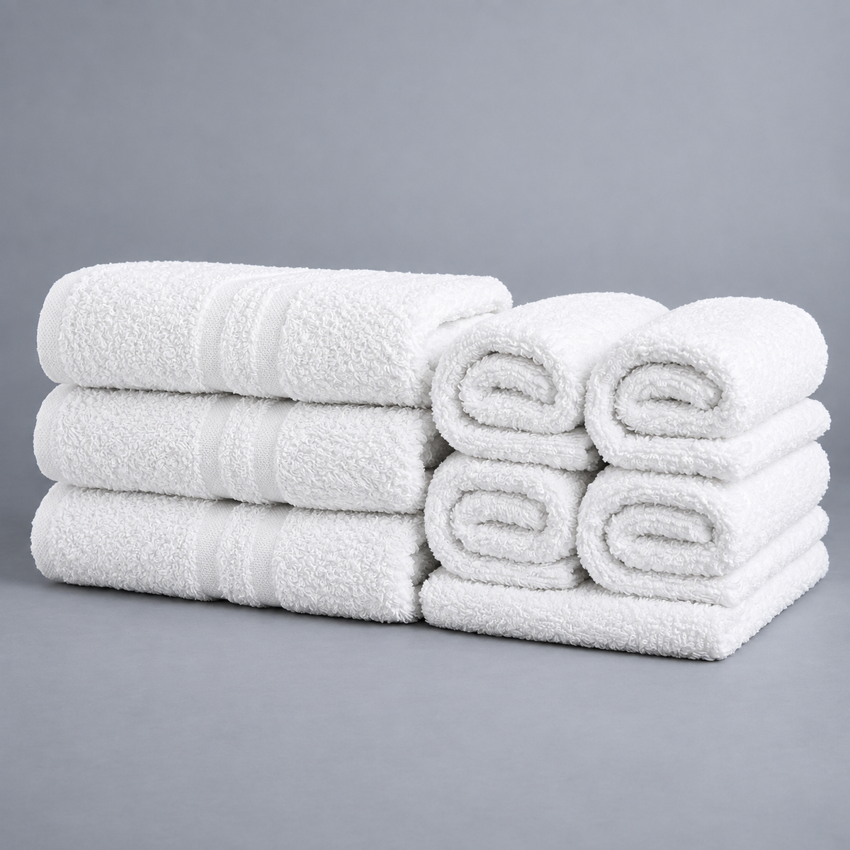 Pictured: 3 neatly folded white towels stacked on top of each other. To the right is 4 rolled up towels sitting atop another neatly folded towel. All against a grey background.