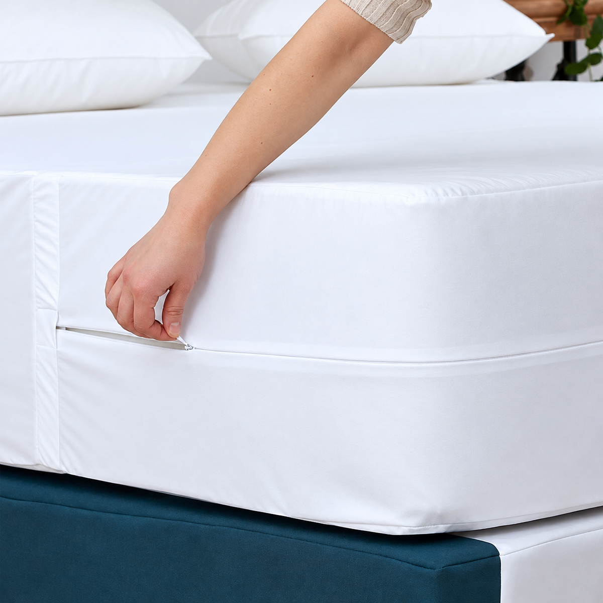 Pictured: A hand using a zipper to close a white mattress cover.