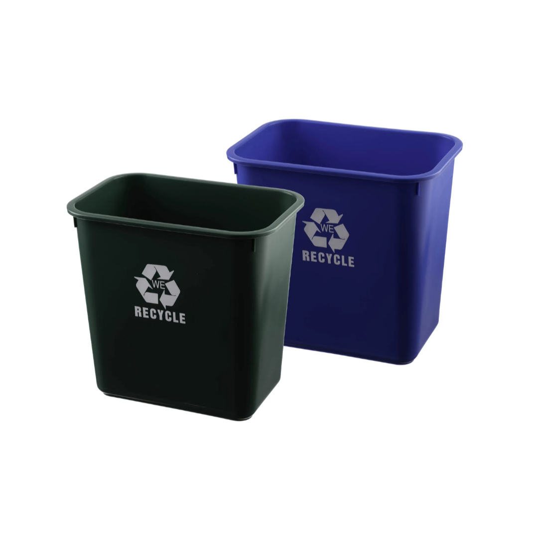 Pictured: Two rectangular recycling baskets, green in front and blue in the back, against a white background. The white text on the baskets say WE RECYCLE with the recycle symbol.
