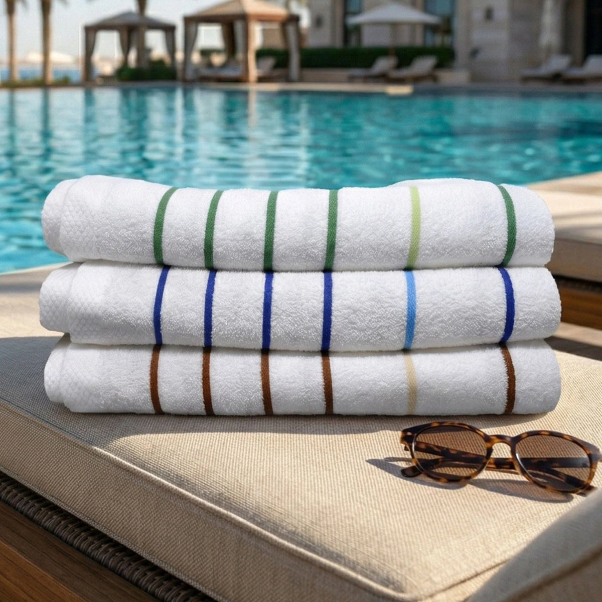 Pictured: Resort pool setting with three pool towels neatly folded in a stack on a chaise lounge with tortoise shell sunglasses folded in front of the stack. The colors of the towels from top to bottom are: Palm Green, Ocean Blue and Sand Beige.