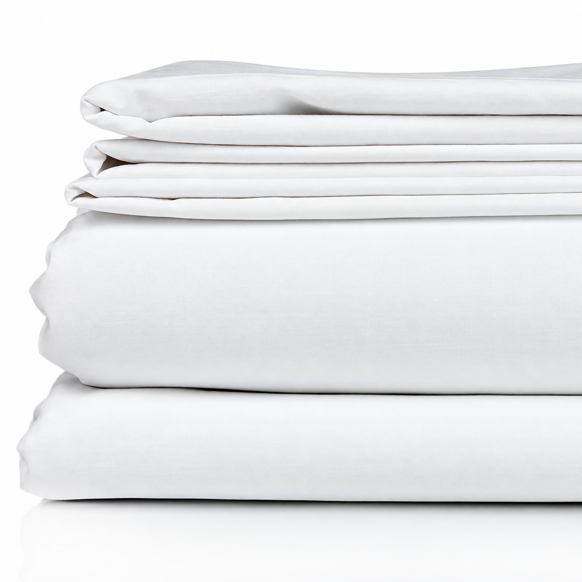 Pictured: White sheets of different sizes neatly folded and stacked on top of each other against a white background.