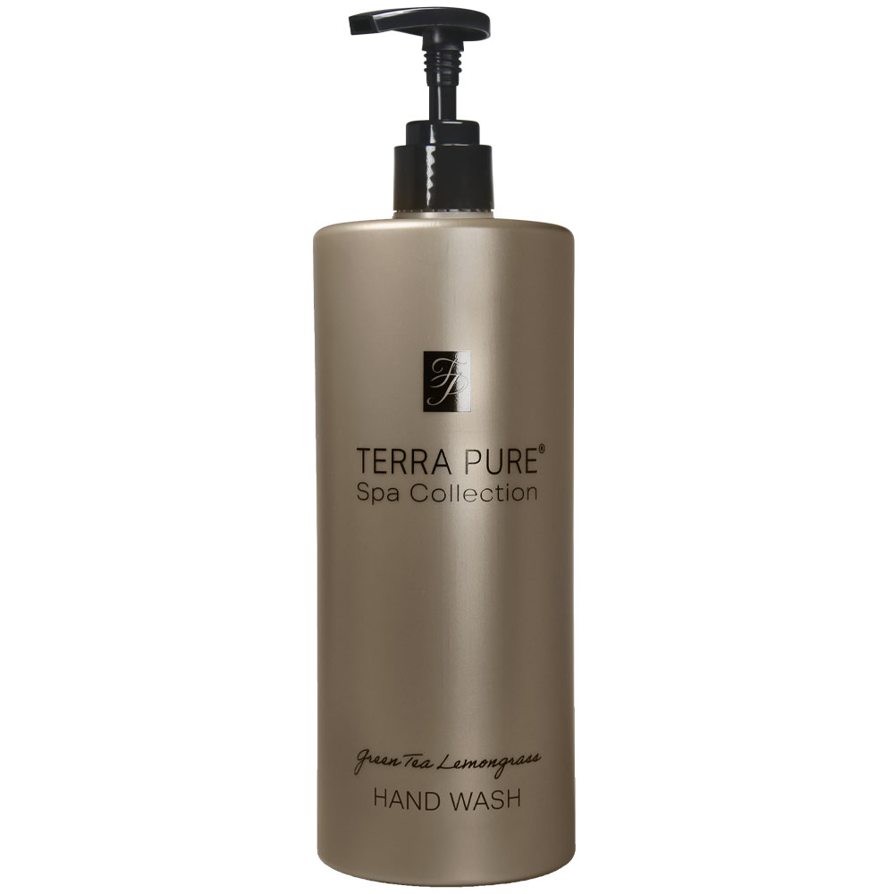 Pictured: Dispenser version of the Terra Pure Green Tea Lemongrass Hand Wash against a white background. The product comes in a bronze colored bottle with black writing and a black dispenser.