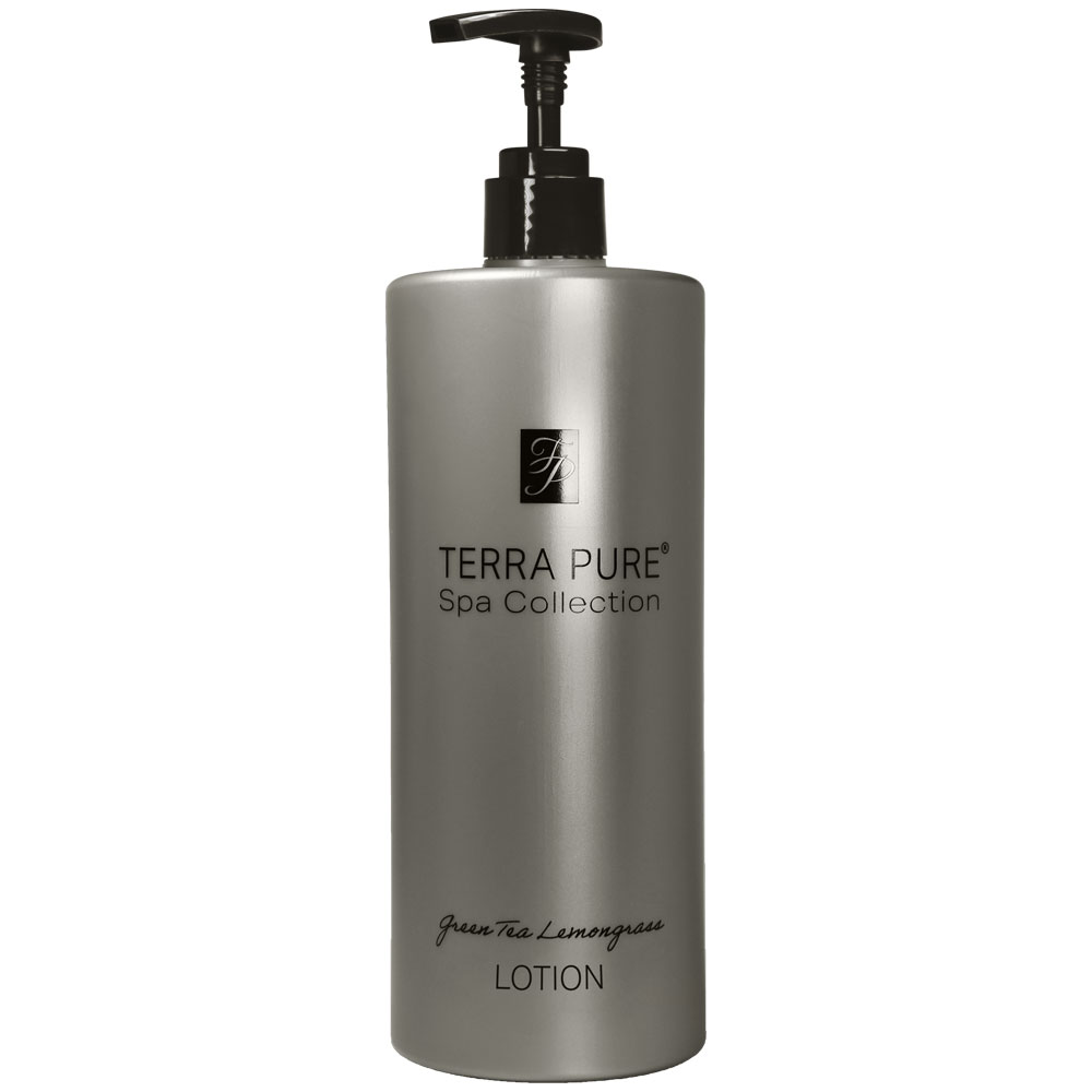 Pictured: Dispenser version of the Terra Pure Green Tea Lemongrass Lotion against a white background. The product comes in a silver colored bottle with black writing and a black dispenser.