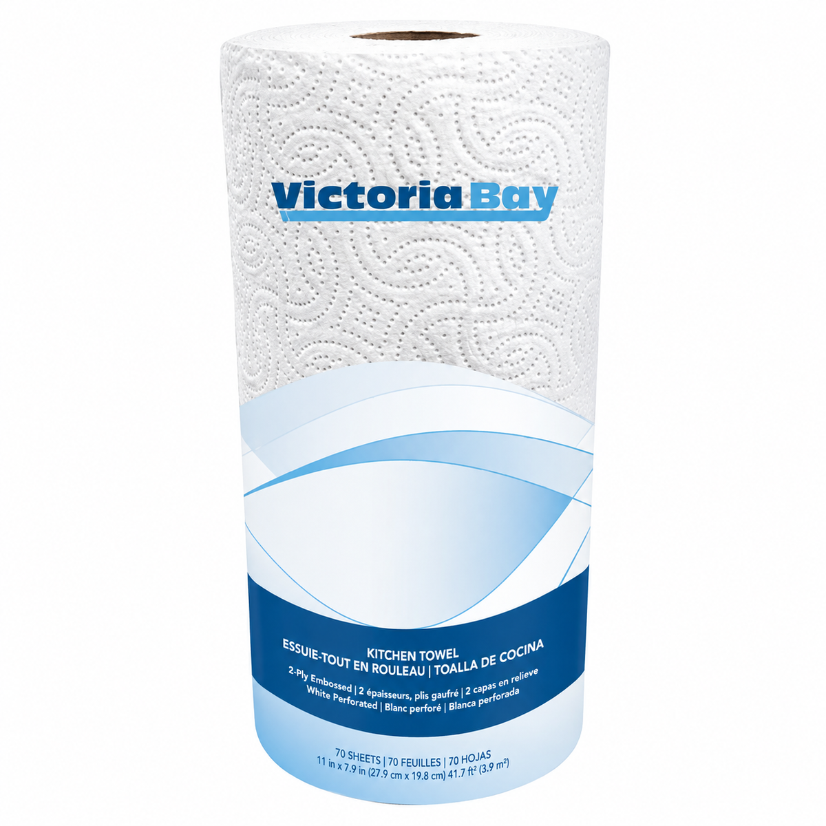 Pictured: Victoria Bay paper kitchen towels in it's transparent and blue plastic wrapping against a white background.