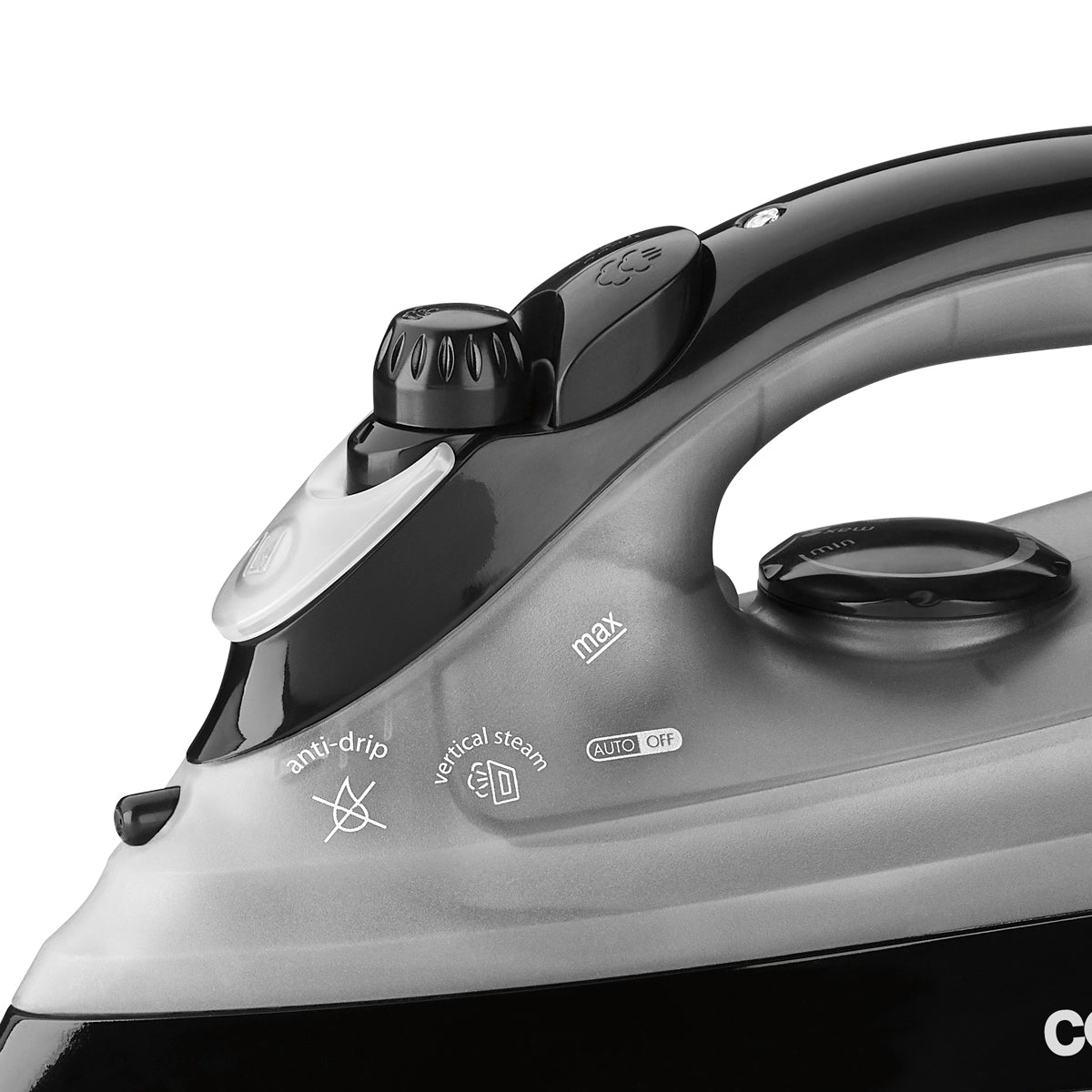 Close-up of a black and silver iron with control knobs on a white background