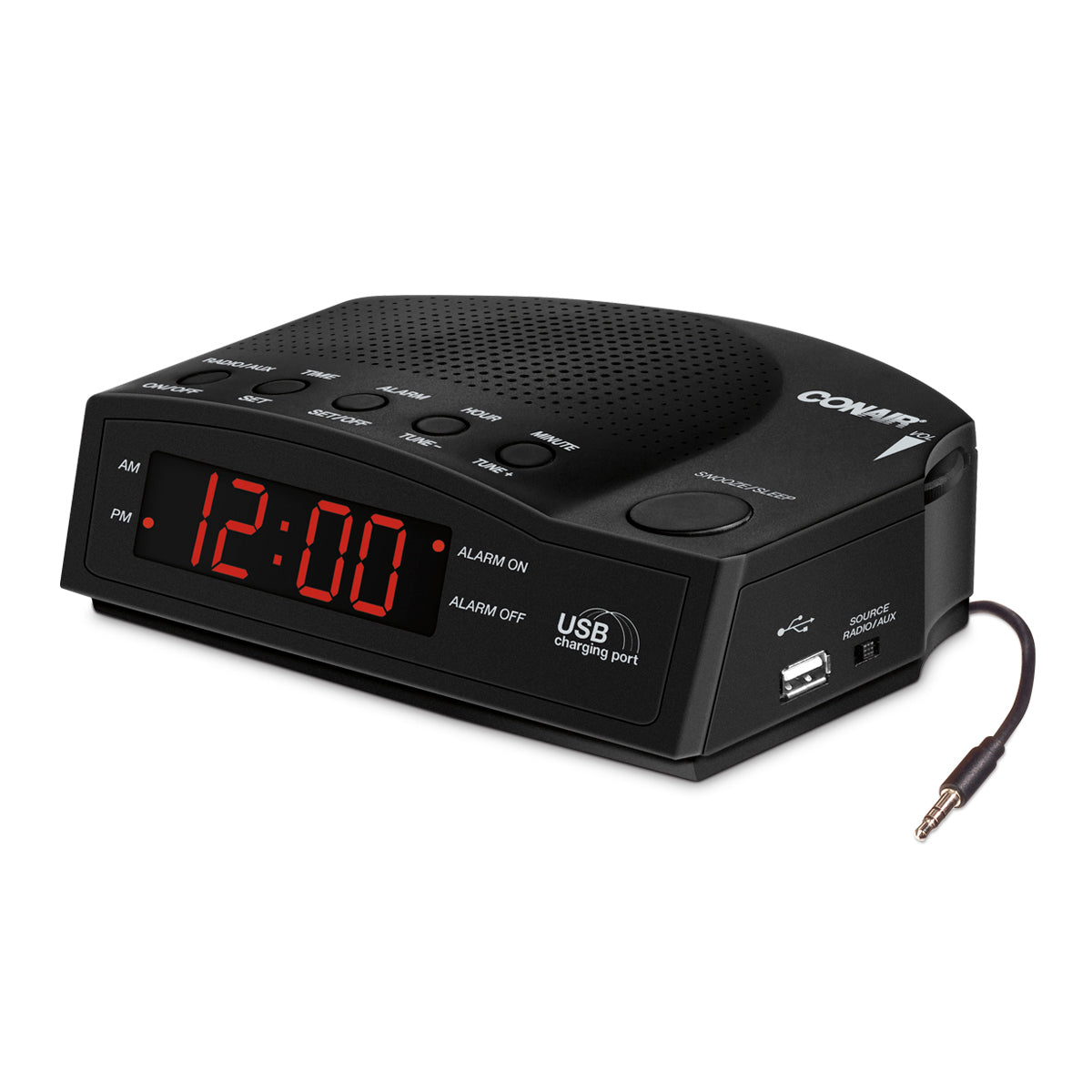 Black clock radio with USB charging port on a white background