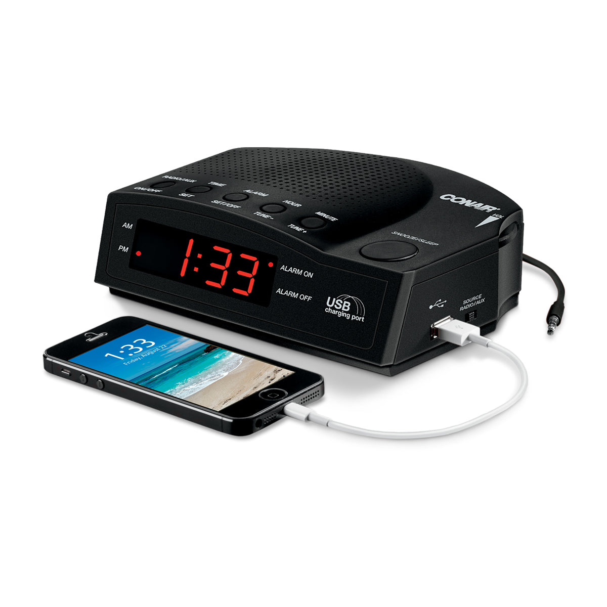 Black alarm clock with USB charging port and smartphone displaying time on a white background