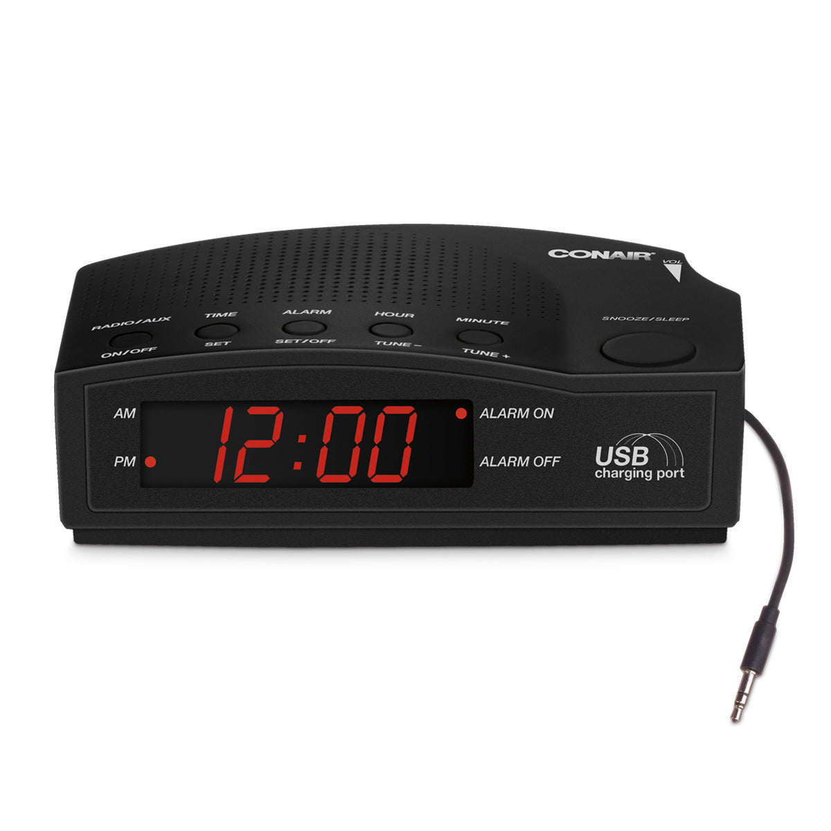 Black Conair alarm clock with USB charging port on a white background
