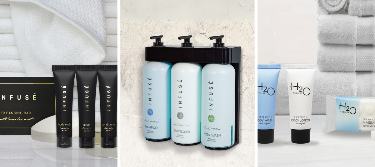 Three separate images showcasing different hotel amenity collections including; body wash, lotion, conditioner and bar soap. 