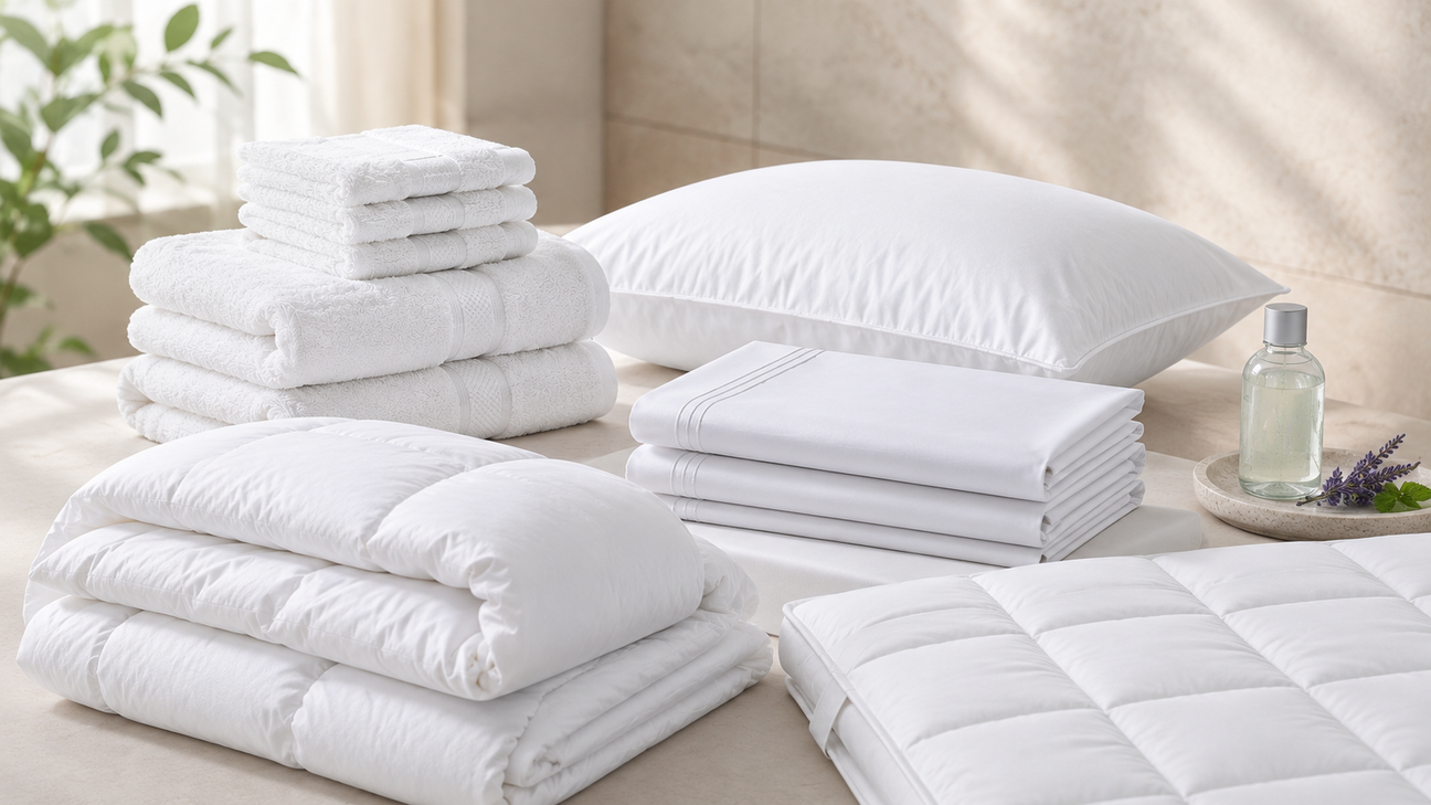 White bedding set including duvet, pillows, and towels on a bed in a bedroom setting.