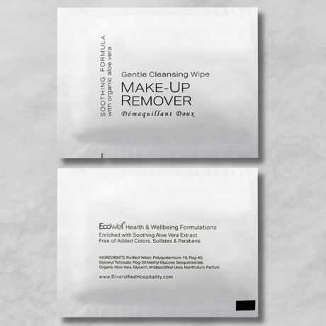 Make-up remover packaging with text on a gray background