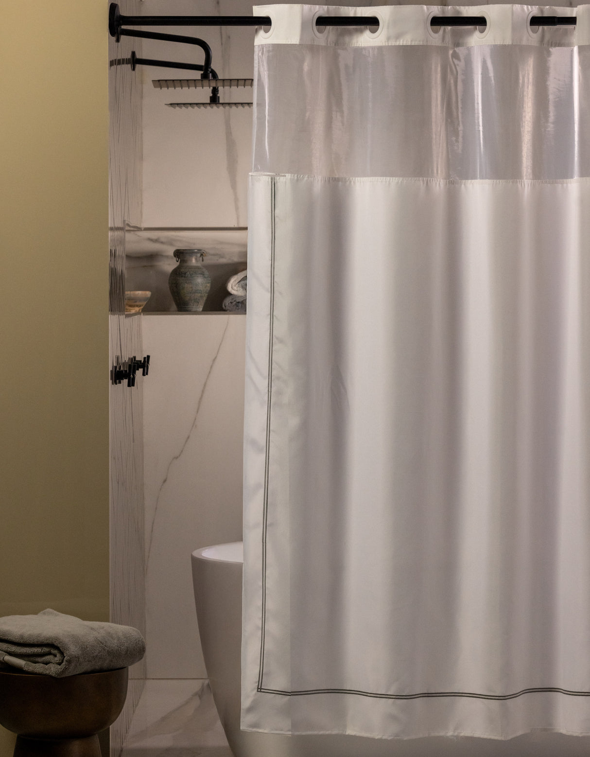 Hookless Shower Curtain in a Moody bathroom and marble walls