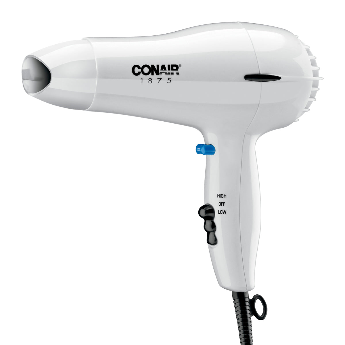 White Conair hair dryer on a white background