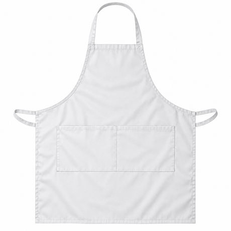 Pictured: White 34X36 twill bib apron with two front pockets laid out against a white background