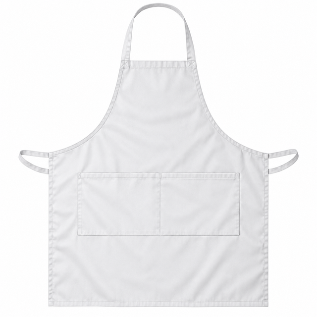 Pictured: White 34X36 twill bib apron with two front pockets laid out against a white background