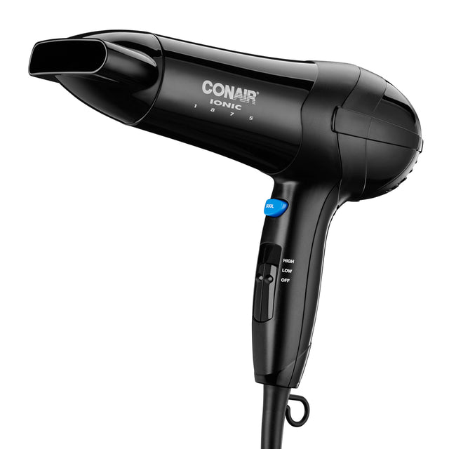 Black Conair ionic hair dryer on a white background