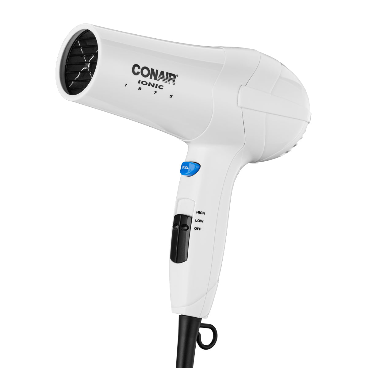White Conair hair dryer on a white background