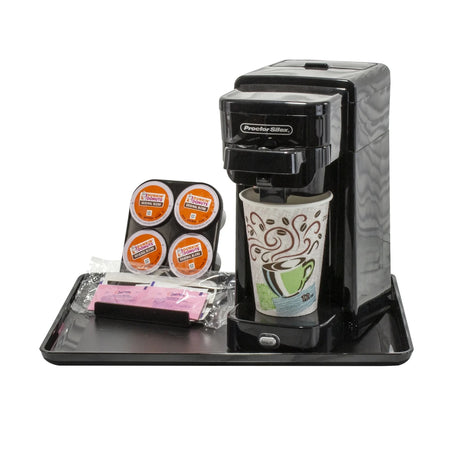 Pictured: Essential Rectangular Tray with Spill proof Rim in the shade black against a white background. On the tray is a coffee maker, some K-Cups, and sweetener for coffee.