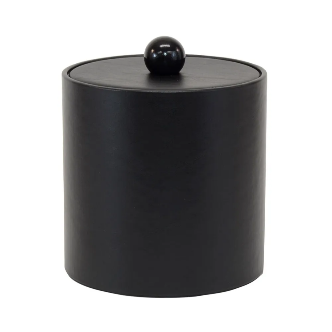Black cylindrical container with a lid on a white background