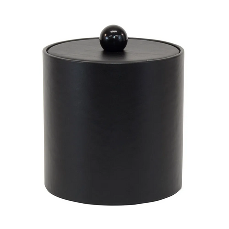 Black cylindrical container with a lid on a white background