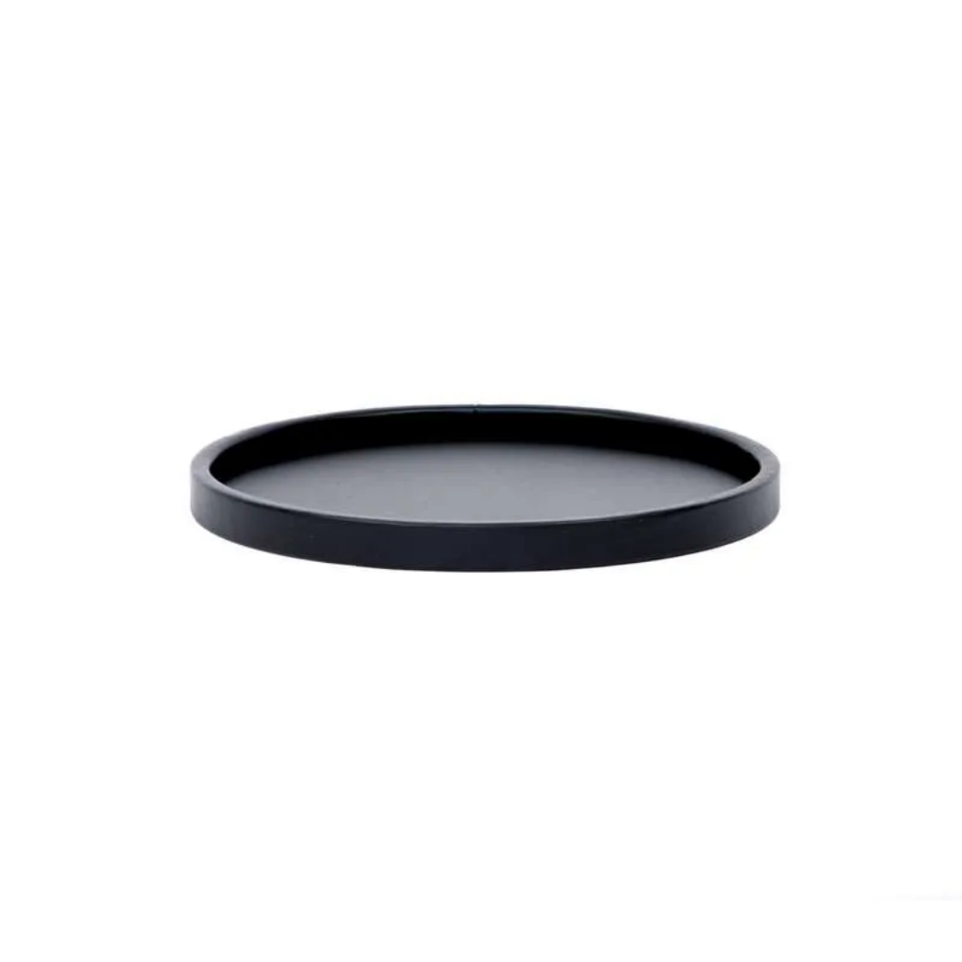 Black round tray on a white background