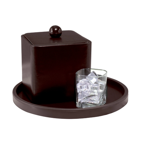 Pictured: Brown Ice bucket and glass filled with ice sitting on a brown leatherette tray against a white background.