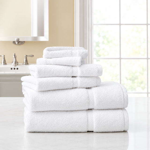 Pictured: Stack of white towels on a white counter in a clean bathroom. The towels are neatly folded and stacked from largest to smallest