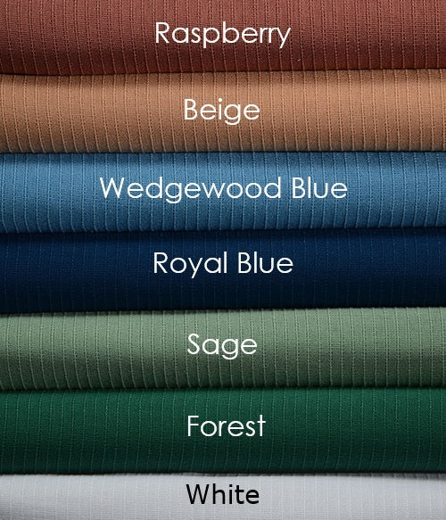 Product shot of stacked bed spreads on top of each other in a variety of colors. From top to bottom names are; Raspberry, a reddish brown, Beige, Wedgewood Blue, Royal Blue, Sage Green, Forest Green, White. Wholesale supplier of bed linens for hotels, healthcare and hospitality.
