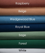 Product shot of stacked bed spreads on top of each other in a variety of colors. From top to bottom names are; Raspberry, a reddish brown, Beige, Wedgewood Blue, Royal Blue, Sage Green, Forest Green, White. Wholesale supplier of bed linens for hotels, healthcare and hospitality.