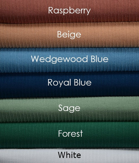 Product shot of stacked bed spreads on top of each other in a variety of colors. From top to bottom names are; Raspberry, a reddish brown, Beige, Wedgewood Blue, Royal Blue, Sage Green, Forest Green, White. Wholesale supplier of bed linens for hotels, healthcare and hospitality.