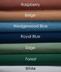 Product shot of stacked bed spreads on top of each other in a variety of colors. From top to bottom names are; Raspberry, a reddish brown, Beige, Wedgewood Blue, Royal Blue, Sage Green, Forest Green, White. Wholesale supplier of bed linens for hotels, healthcare and hospitality.