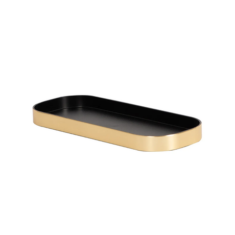 Rectangular black tray with gold rim on a white background
